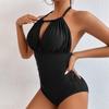 Women One Piece Swimsuit Halter Neck Cutout Front Design Sleeveless Backless Swimwear Beachwear Bathing Suit