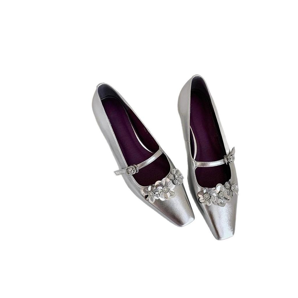 Sheepskin Version~ French Flower Word with Silver Mary Jane Shoes Temperament Square Head Light Mouth with Skirt Height-increasing Single Shoes