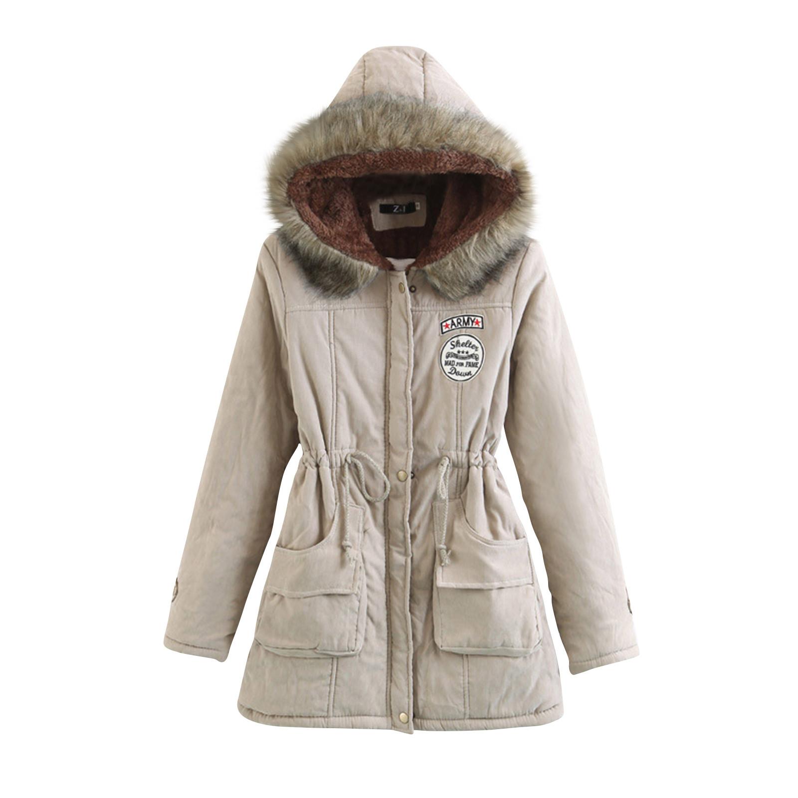 

Women s Fashion Solid Colour And Winter Hooded Drawstring Cotton Coat Jacket S хакі