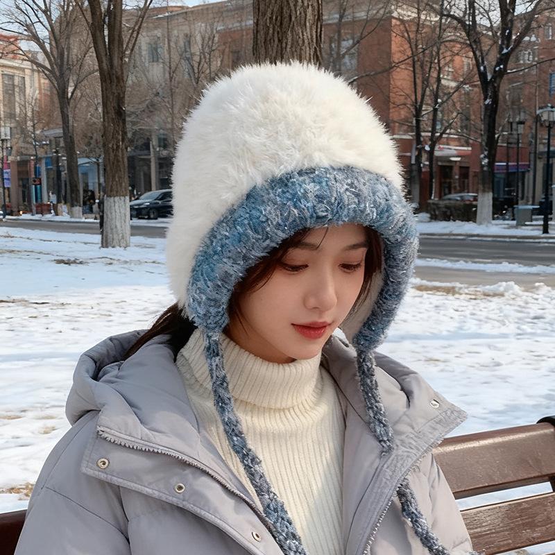 

Plush ear protection bag head hat women s wool knitted hat mixed color drawstring warm casual cold hat M（56-58cm）