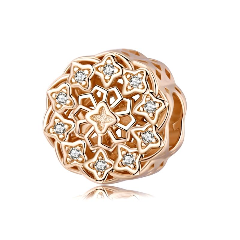 BISAER 925 Silver Rose Gold Charm Bead Heart Flower Pendant For Girl Bracelet DIY Mother's Day Birthday Fine Jewelry