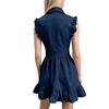 Ladies' Fashionable Ruffled Sleeveless Zipper Lapel Pocket Denim Dress