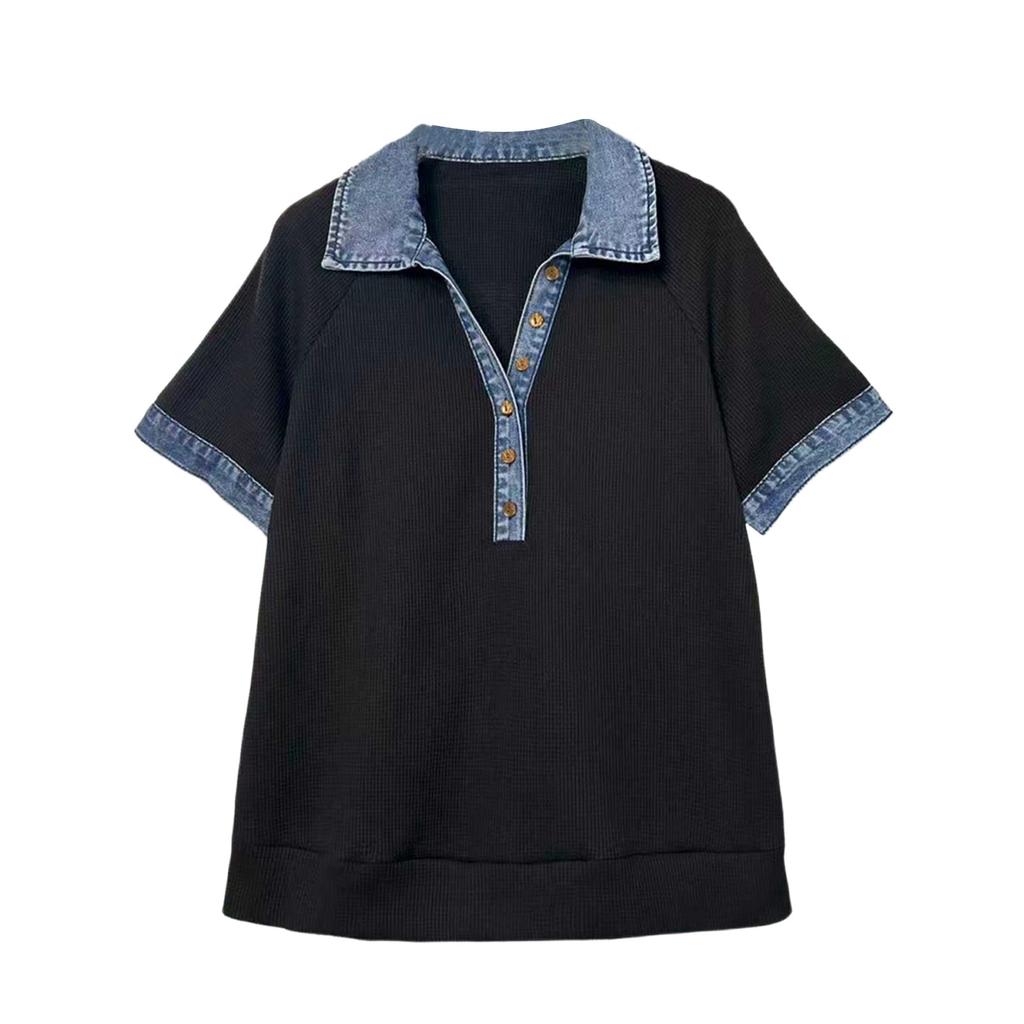 Modisches Neues Damen-Pullover-T-Shirt mit Kragen und Knöpfen, , Elegante Gewaschene Denim-Patchwork-Strickware, Zweiteiliger Look-Top