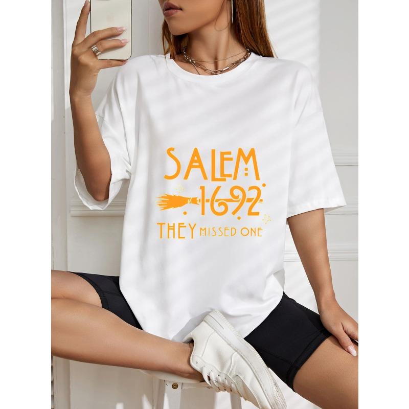 White Oversized T-Shirt Salem 1692 They Missed One Witch Broom Print Casual Summer Top For Women And Girls