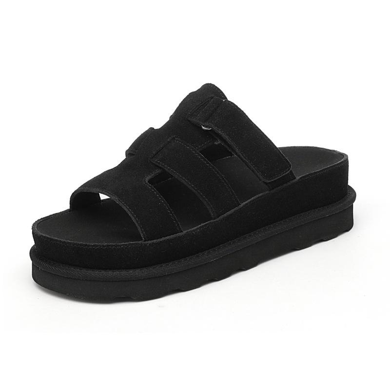 Platform slippers women s summer new hollow breathable fashion versatile casual beach leather half slippers women 40 чёрный