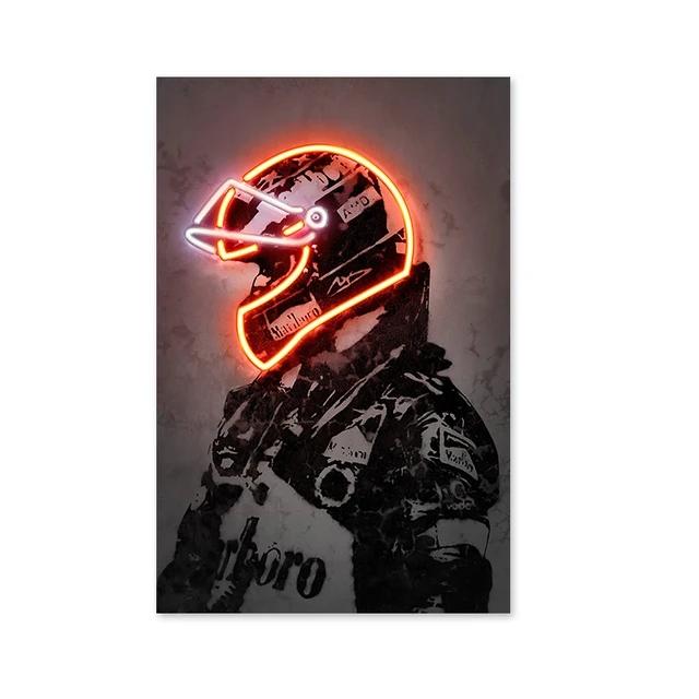 Retro Neon Light Effect Motorcycle Helmet Poster Print Canvas Painting Graffiti Art Wall Picture for Bar Room Home Decor NO LED