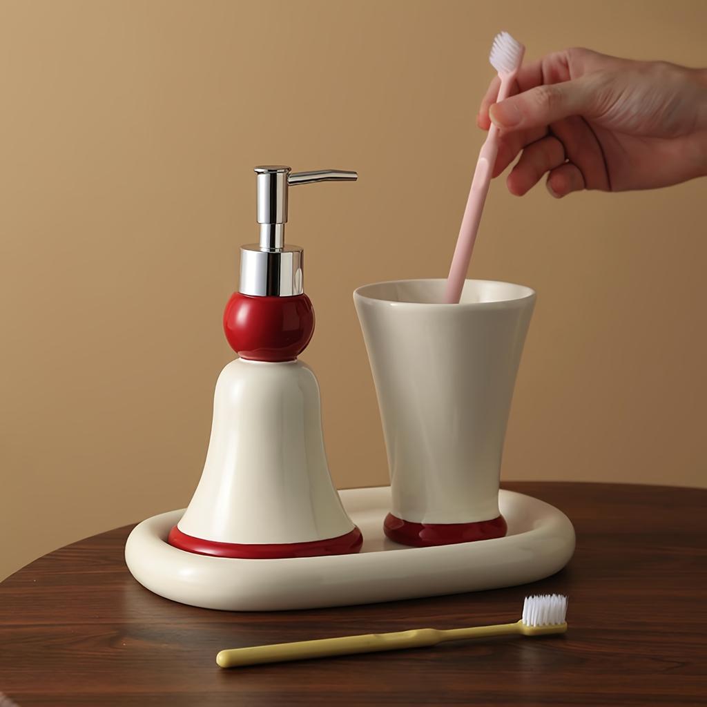 Toilet Ceramic Lotion Dispenser and Mouthwash Cup Set for Hotel, Home Bathroom Essentials