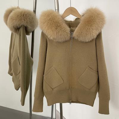 Knitwear Women Cardigan Fashion Autumn Winter Clothes Female Hooded Fur Collar Short Knitted Jacket Fur Coat
