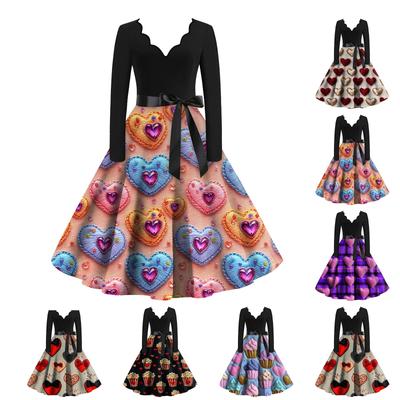 Women's Valentine's Day Heart Print V-Neck Slim Fit Long Sleeve Swing Dress