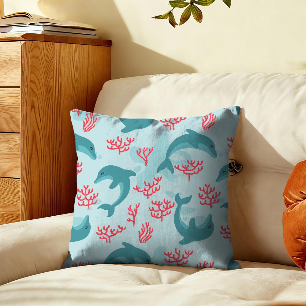 Dolphin Pattern Cushion Cover Plush Fabric Soft DoubleSided Printed Sofa Warm Winter Home Gift Pillow Cover
