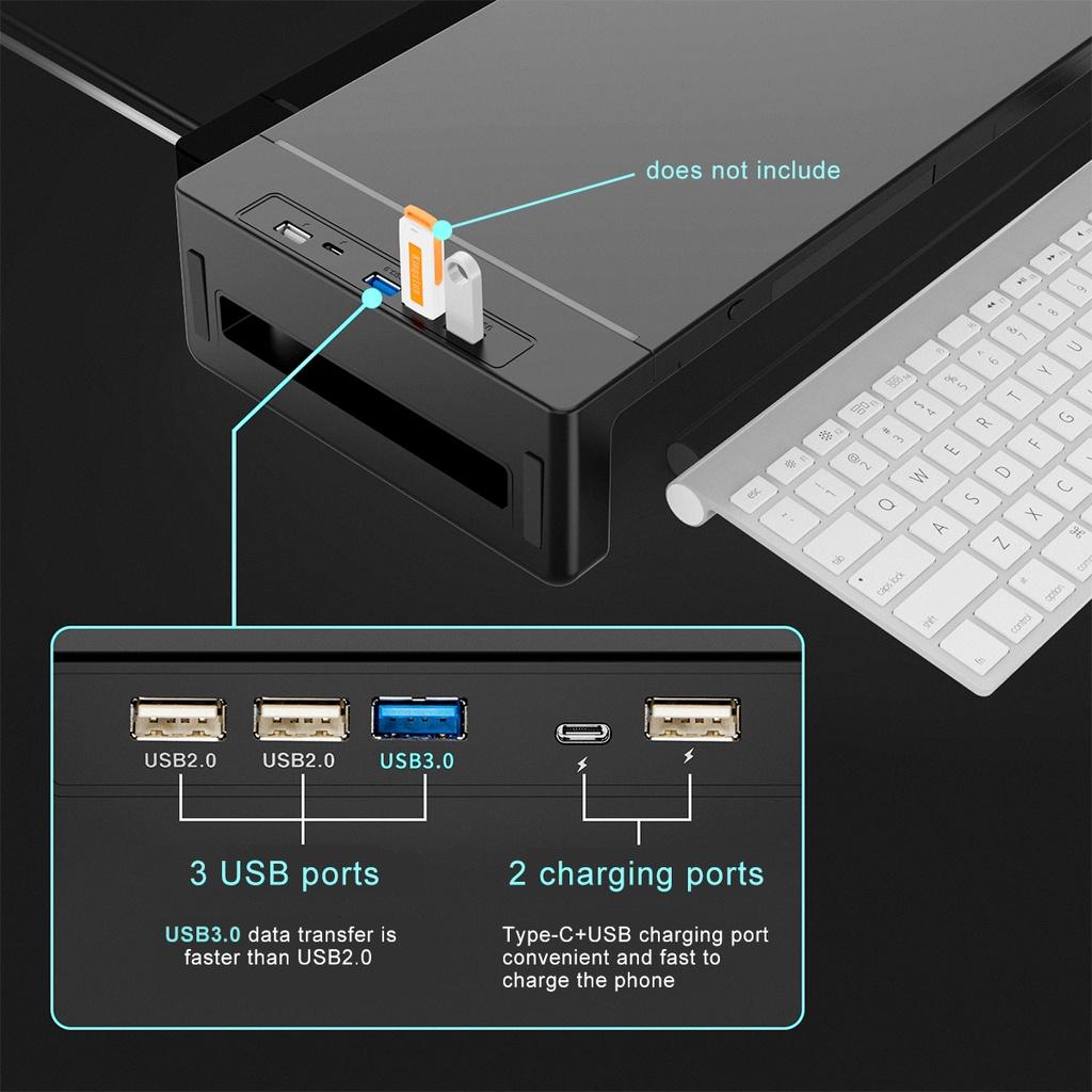 ABS RGB Monitör Standı Yükseltici Masa Desteği 3 USB3.0 Klavye Fare Saklama Rafı Ekran Rafı Şarj Kablolu Çekmeceli Telefon Tutuculu Siyah