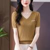 New Summer Women's V-neck Short-sleeved Loose T-shirt Knitted Sweater Hollow Thin Fashion Top