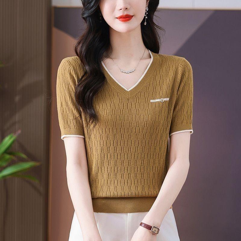 New Summer Women's V-neck Short-sleeved Loose T-shirt Knitted Sweater Hollow Thin Fashion Top