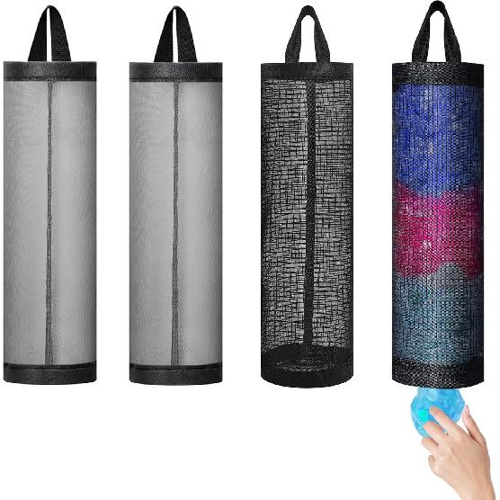 4 Pcs Plastic Bag Holder for Grocery Bags, Hanging Storage Bags Plastic Mesh Bags Dispenser Organizer Trash Bags Grocery Shopping Bag Holder for Home 2Black + 2Grey