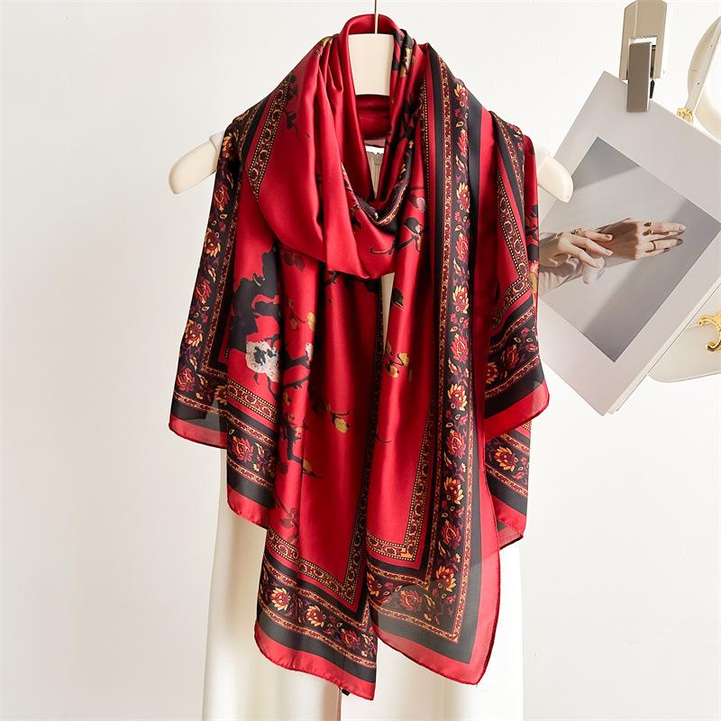 Long scarf shawl silk scarf versatile thin imitation silk scarf brocade new red plum printing spring and summer retro headscarf li