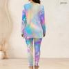 Women Plus Size Two Piece Set Round Neck Long Sleeve Colorful Printed Longline Top Fitted Pants