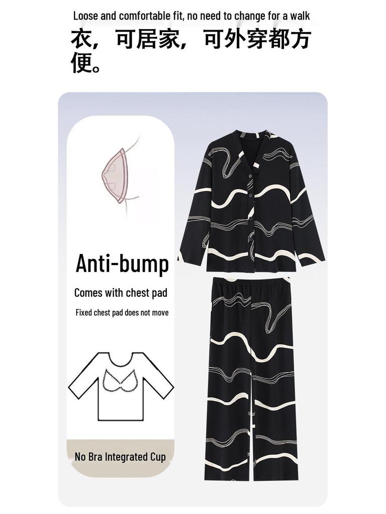 Women's Retro Print Cotton Pajama Set - V-Neck Cardigan, Loose Fit, Comfy Korean Style, Spring/Autumn.