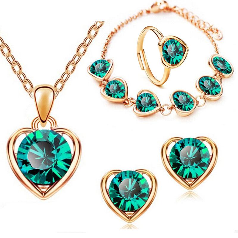 Blue Cyrstal Ring Necklace Earrings Set Wedding Jewelry Sets For Brides Pendant Earrings For Girls Women African Jewelry Sets