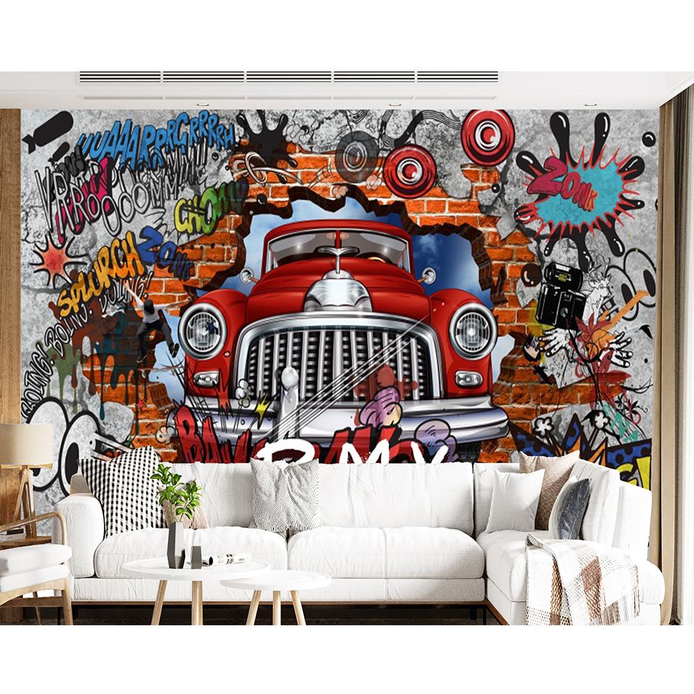 Graffiti Mural Retro Nostalgic 3d Brick Wall Mural Car Graffiti Poster Large Mural Creative Cafe Restaurant Wallpaper