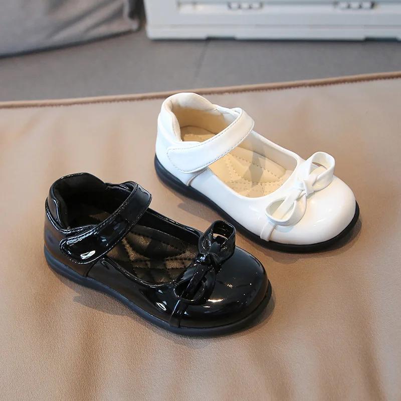 2024 New Kids Leather Shoes Black Uniform School Shoes Bow-knot Shallow Mary Janes Glossy Children Fashion Girls Casual Flats