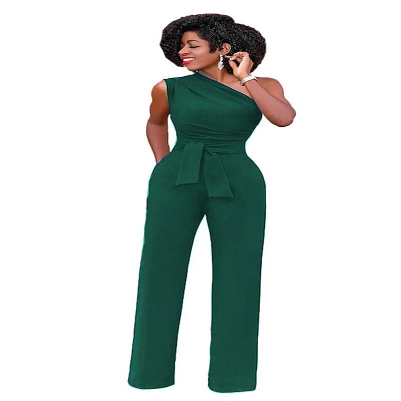Women's Jumpsuit Solid Skew Collar Crop Top Straight Pants Belt Sexy Sleeveless Loose Pants Elegant Charming Playsuits