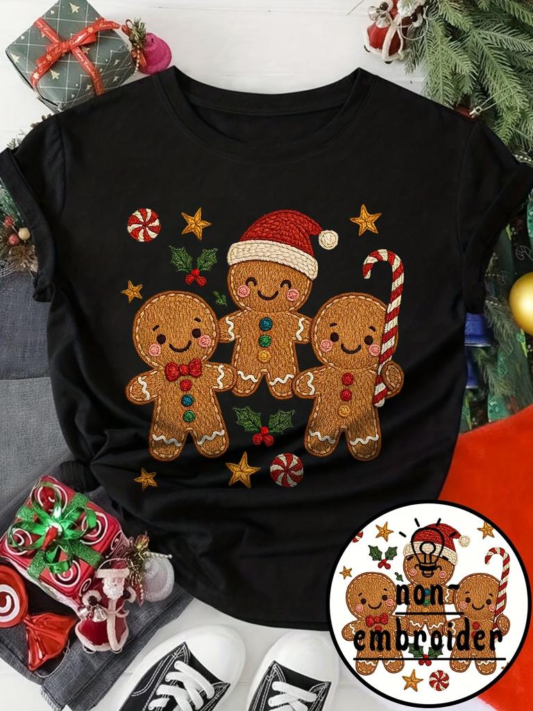 Christmas Retro Gingerbread Man Heat Transfer Pattern T-Shirt Short Sleeve Round Neck Casual Top,