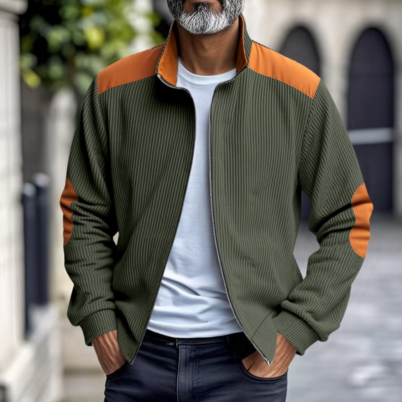 Men s Vintage Corduroy Casual Jacket - Stand Collar Zippered Colorblock Loose-Fit Baseball Jacket L