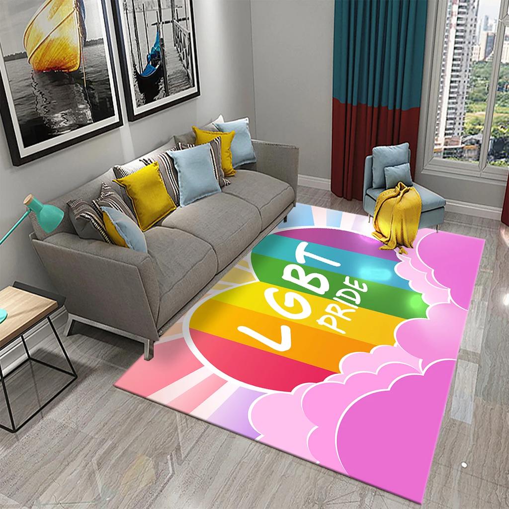 Pride Rainbow Carpet LGBT Themed Rug Colorful Love Heart Print Area Rugs for Adult Yoga Mats Living Room Black Flat Mat Doormat