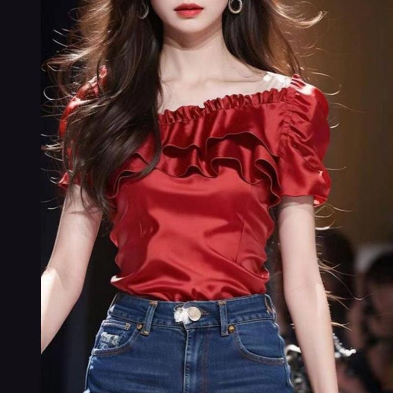 

VONDA Женские летние блузки с короткими рукавами и оборками, квадратным вырезом и буфами 5XL красный