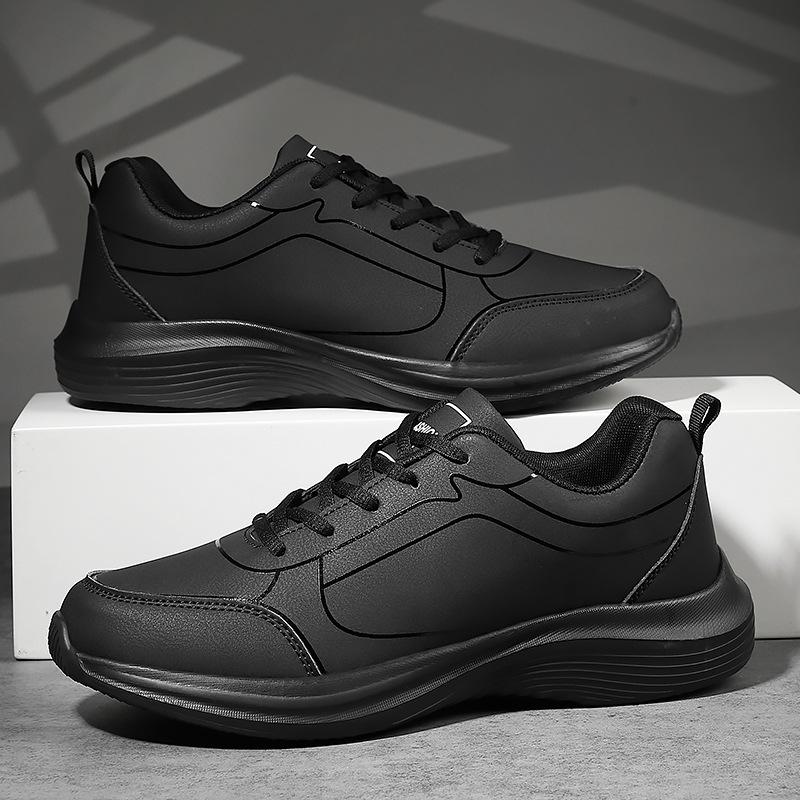 Pure black large size autumn casual leather surface waterproof and non-slip chef shoes
