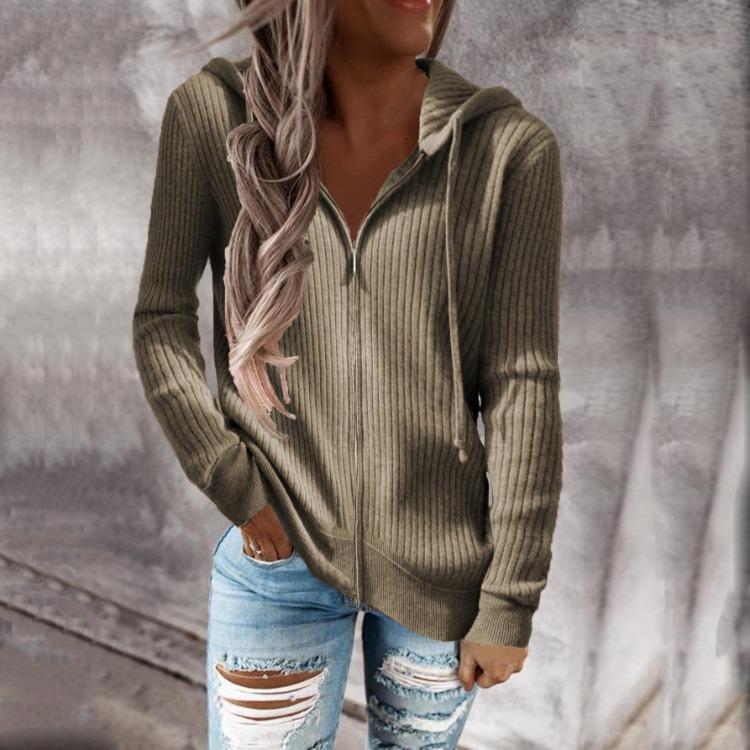 Hooded Women Long Sleeve Cardigan Knitted Zipper Loose Solid Color Sweater Autumn Winter