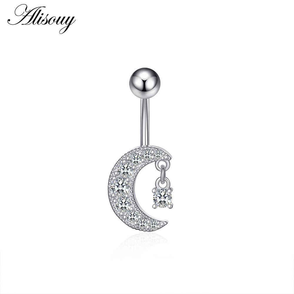 Alisouy 1pc Zircon Sexy Long Belly Ring Star Sun Moon Heart Navel Piercing Surgical Steel Women Belly Button Ring Navel Jewelry