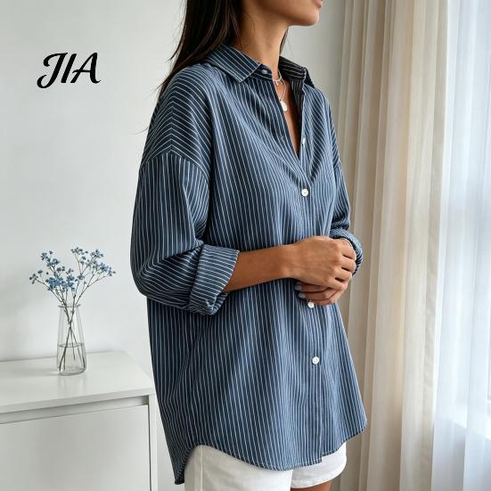 Machine Washable Shirts Women Striped Shirt for Summer Autumn, Button Down Single Long Sleeve Breasted Blouse, Dressy Casual Collared Top Office Work