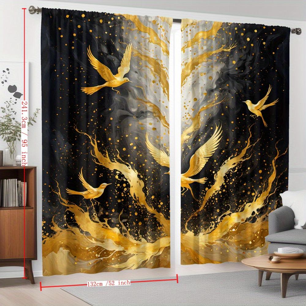 Set of 2 Golden Bird Patterned Curtains, Featuring a Modern Artistic Style with Rod Pockets, Suitable for Home Decoration in