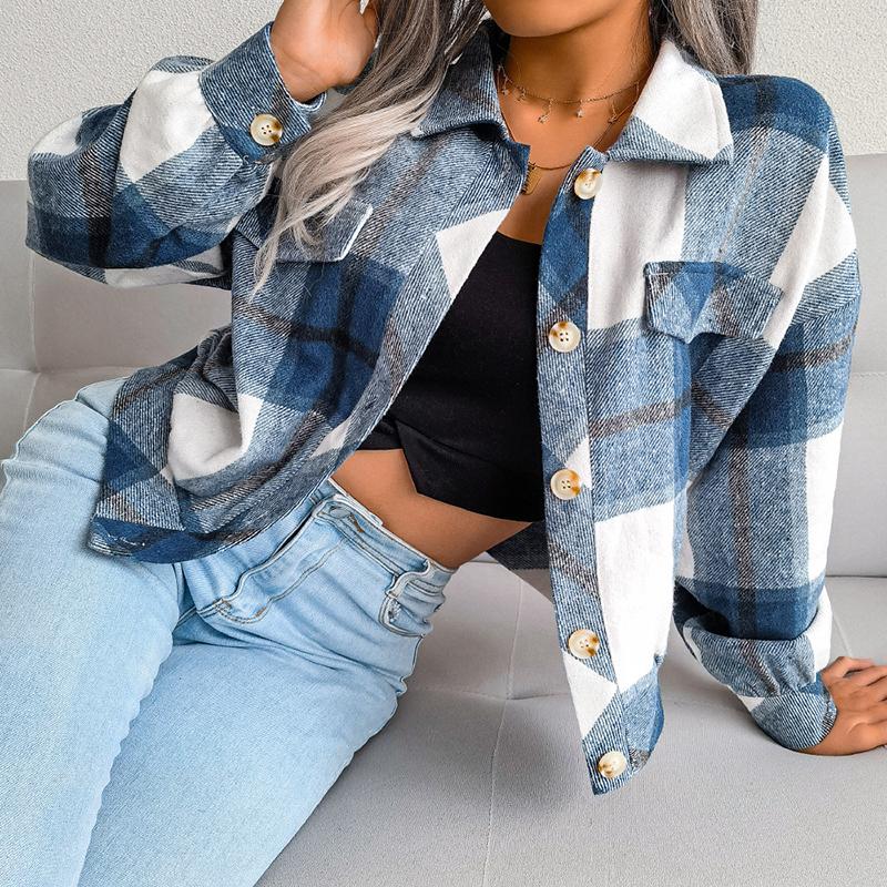 Fall Women Jacket Contrast Color Plaid Print Turn-down Collar Single-breasted Fake Pocket Long Sleeves Loose Commuting Coat