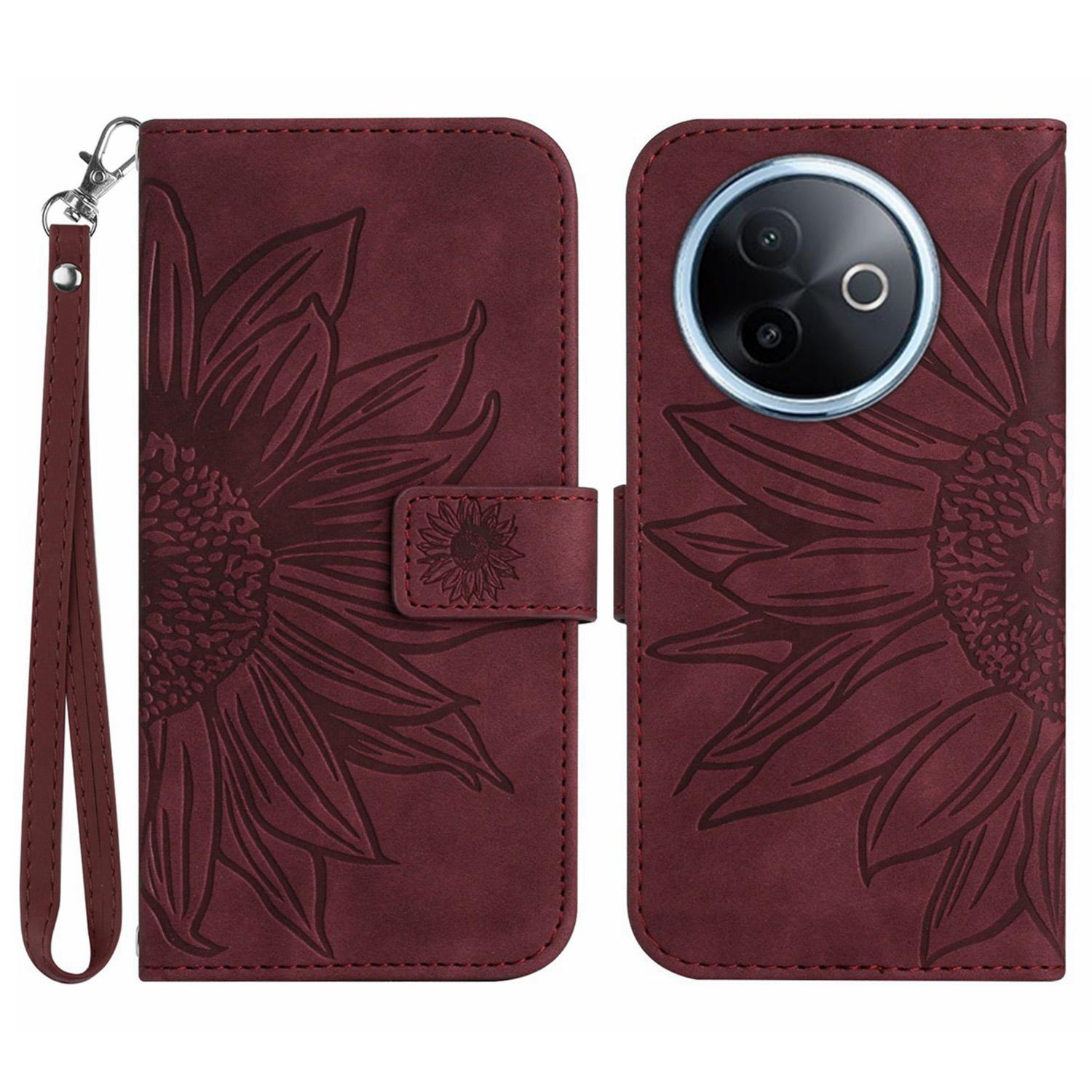 

For vivo Y39 5G Case Sunflower Imprint Leather Wallet Phone Cover with Wrist Strap Wine Red