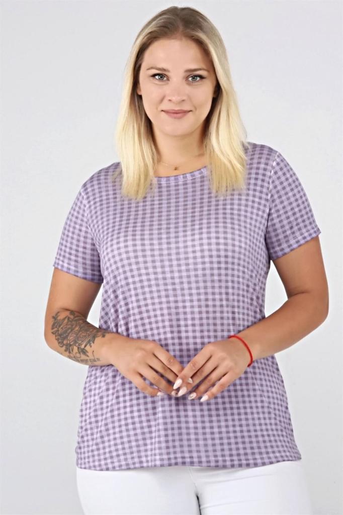 Damen Stil Große Größe T-Shirt Karomuster Ölwaschung Basic T-Shirt-Blau