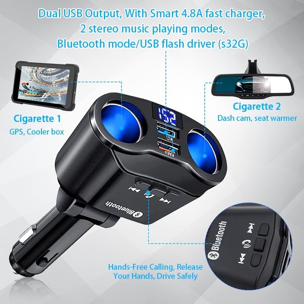 Bluetooth FM Transmitter Car Adapter, 2-Socket USB Charger, Hands-Free, Voice Control with Siri & Google