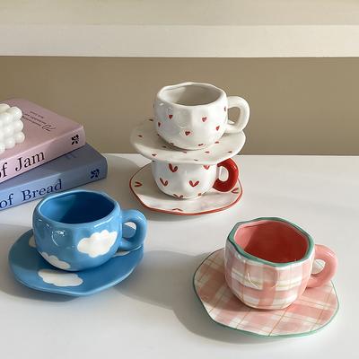 1Pc280Ml Original Design Scandinavian Style Hand-Kneaded Ceramic Coffee Cup and Saucer Multi-Color Plaid Heart Blue Sky and White Clouds Flower Mug