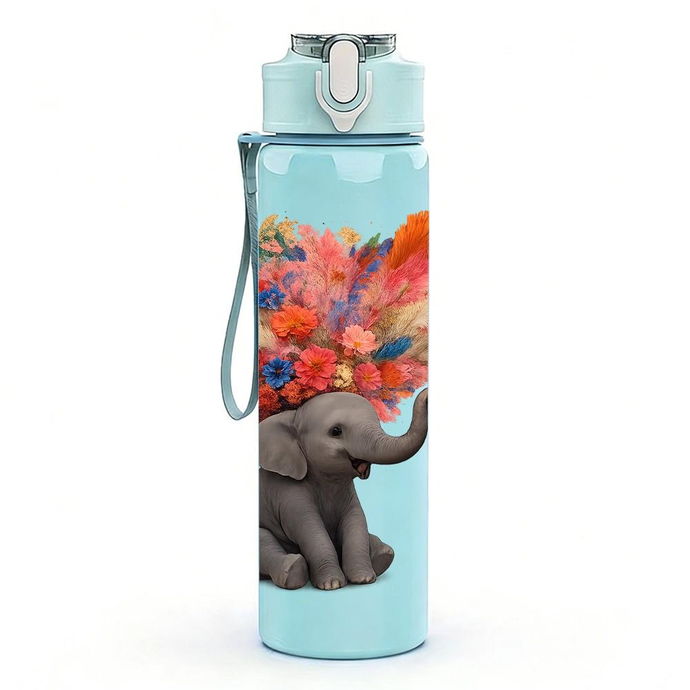1PC Elephant Hold Colorful Flower Bouquet Print 750ml Color Plastic Sports Water Bottle Leakproof Flip Straw Lid Suitable for Sports Office Home Use