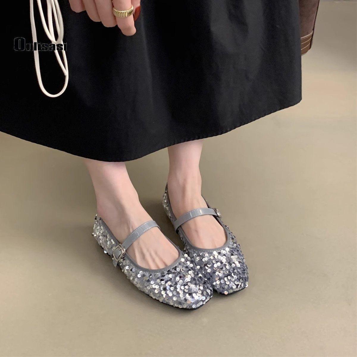 

Mary Jane shoes women s autumn 2025 new single shoes round head sequins shallow mouth buckle flat women s shoes spot 35