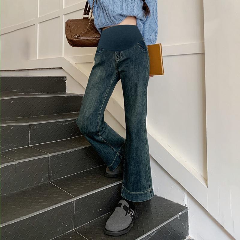#Pregnant Women's Elastic Flared Pants, Belly Support Nine-point Micro-pull Pants, Retro Blue Spring and Autumn Jeans Wide-leg Pants
