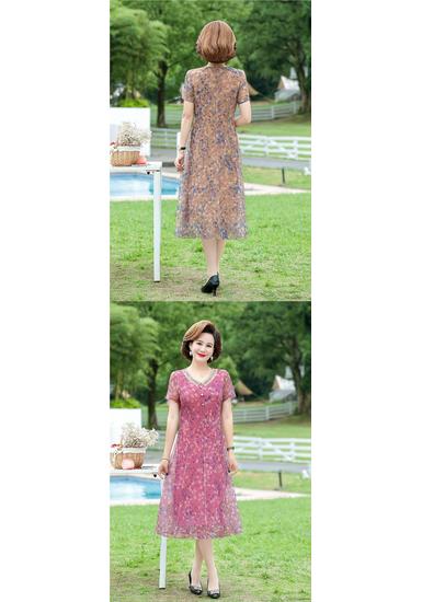 Elegant Summer Floral Dress for Middle-aged Women - Chinese National Style, Short Sleeve Maxi
