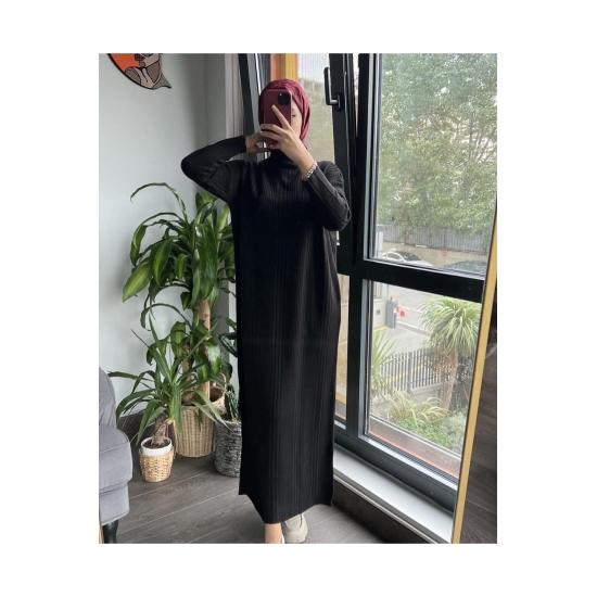 Knitwear Women Hijab Long Sleeve Ribbed Half Neck Long Knitted Dress