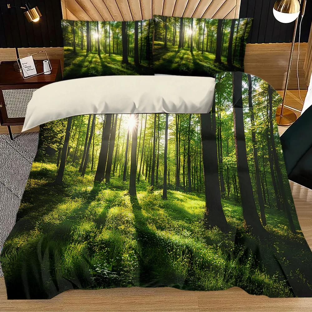 3pcs Fresh Green Forest 3D Printed Bedding Set Comfortable Duvet Cover King Queen Twin Size Birthday Gift for Bedroom Decoration