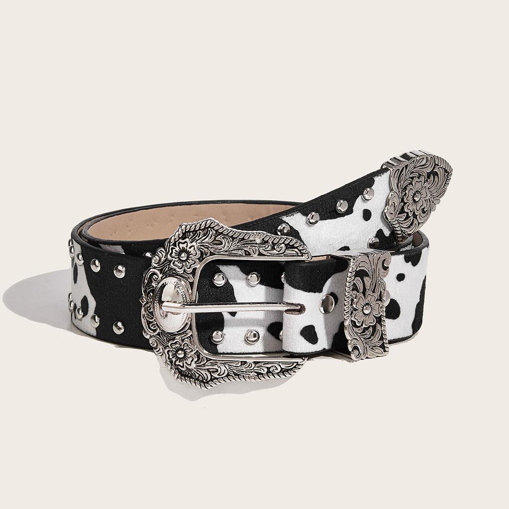 

Womens Leopard Print Leather Belt With Square Rivet Buckle For Retro Style Fashion Accessory Black