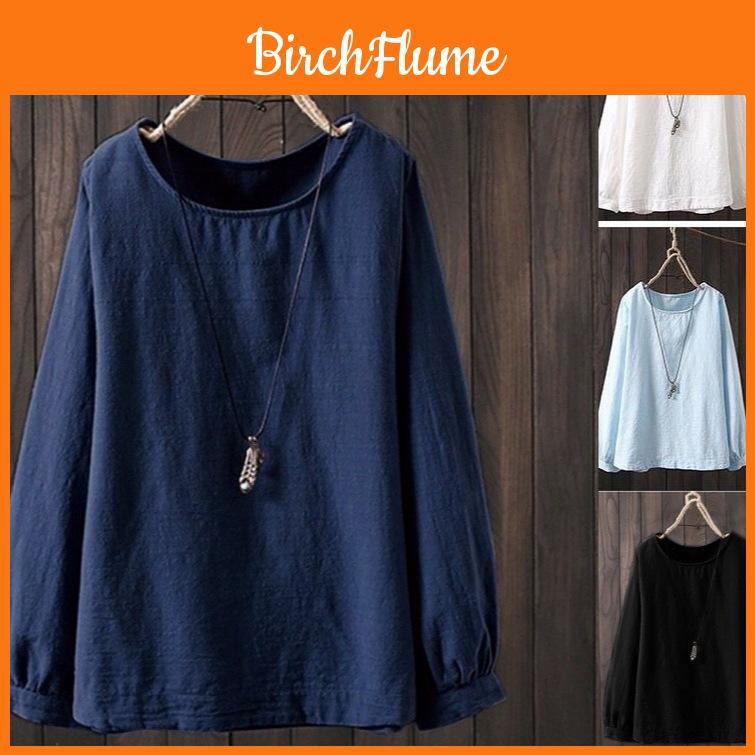 Camisa de Manga Larga de Algodón y Lino para Mujer con Cuello Redondo y Corte Relajado