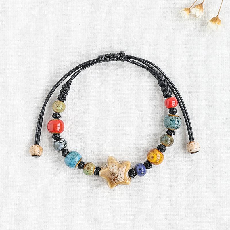 Kaseakia Handmade STAR Vintage Ceramic Stone Beads Wax Cord Adjustable Beaded Bracelets Bohemian Boho Jewelry for Women