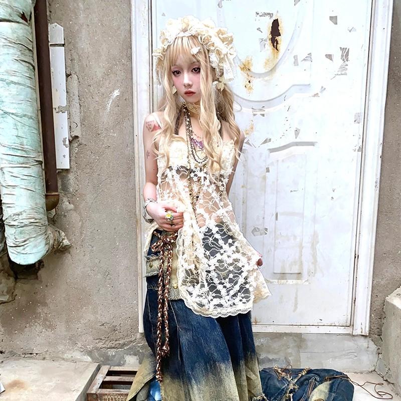 Rochie japoneză din dantelă Y2k din anii 2000 Estetică Rochii scurte decupate Vintage Harajuku Mini rochie cu bretele spaghete Lolita Party