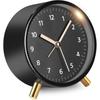 Silent Analog Alarm Clock, Small Black Table Clock Without Ticking, Round Alarm Clock, Travel Alarm Clock with Night Light, Bedside Alarm Clock